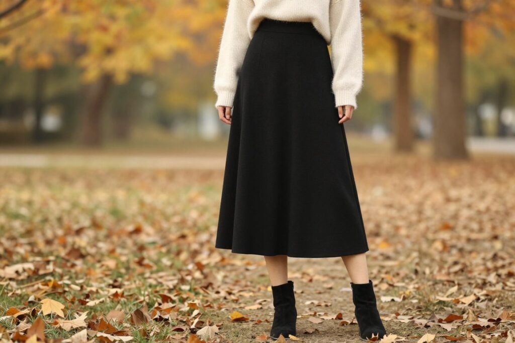 Fall long black skirt outfit with sweater and ankle boots