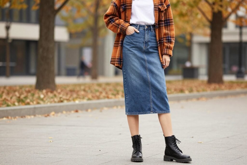 Fall midi jean skirt outfit with plaid shacket and combat boots