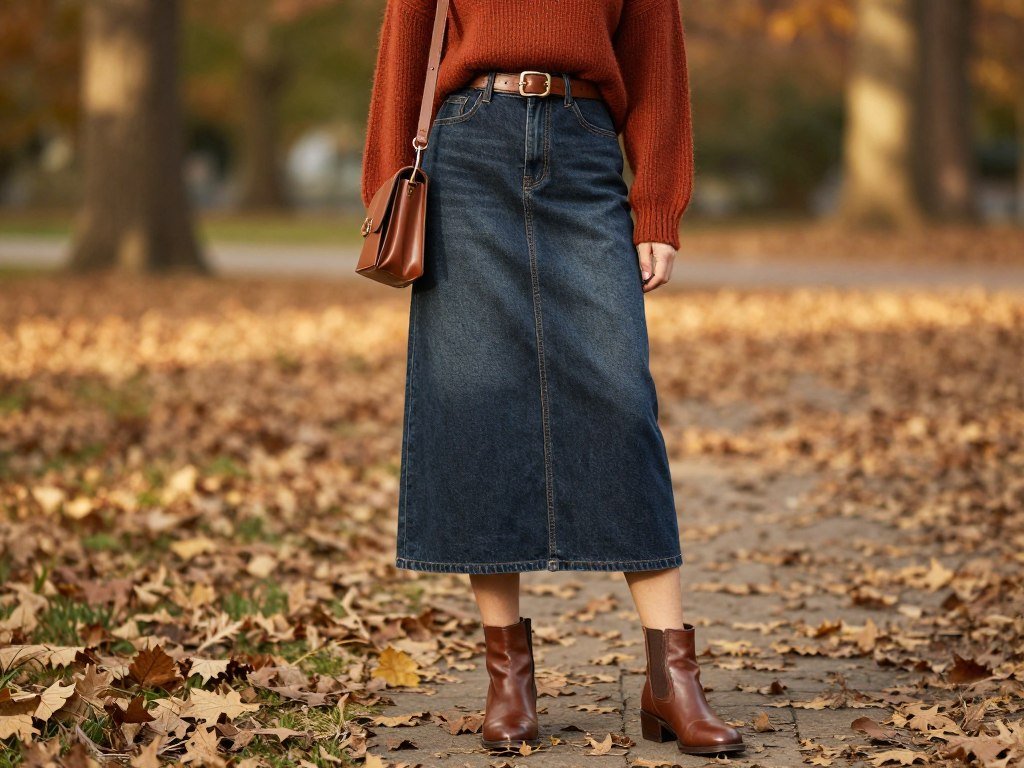 Fall outfit with long denim skirt, sweater and ankle boots