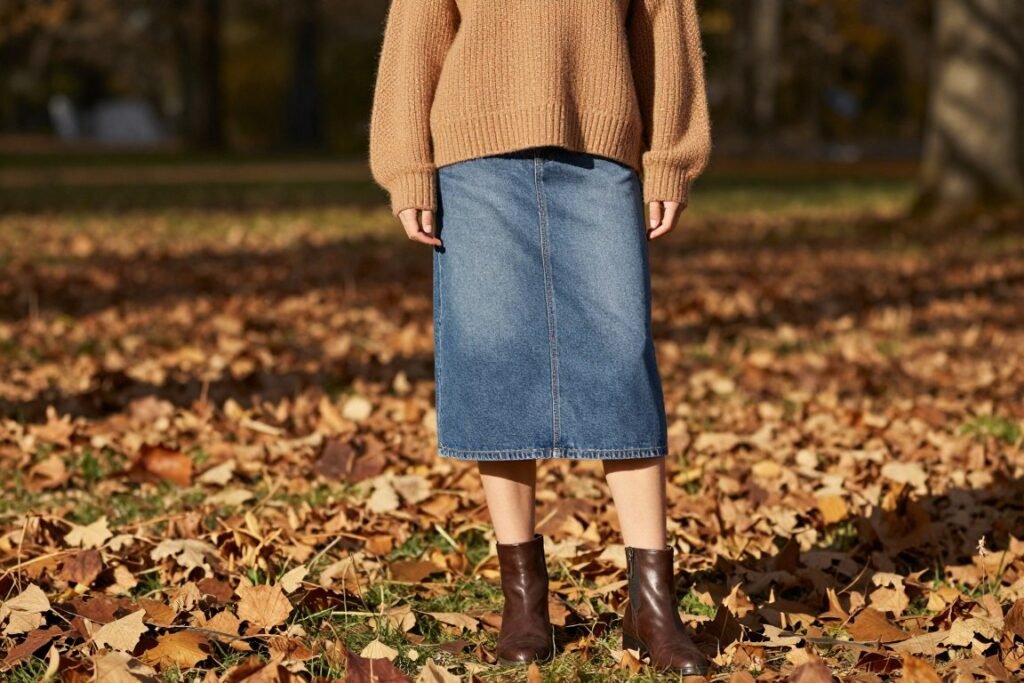 Fall outfit with midi jean skirt, oversized sweater and ankle boots