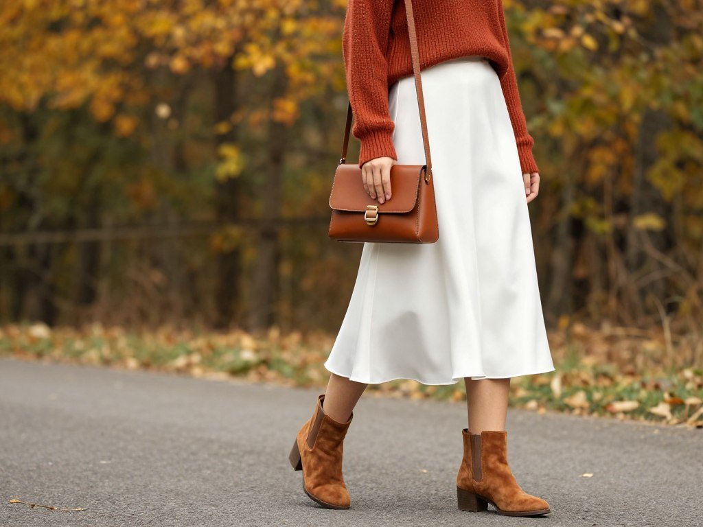 Fall outfit with white satin skirt, turtleneck sweater and suede boots