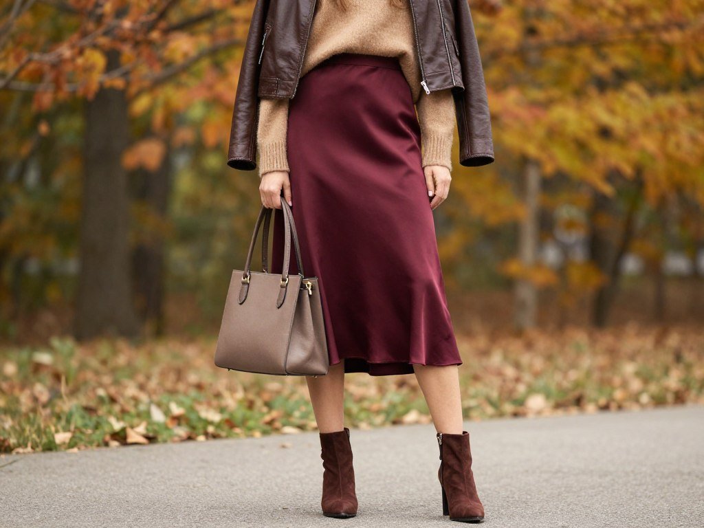 Fall transition outfit with burgundy satin skirt, tan sweater and brown leather jacket