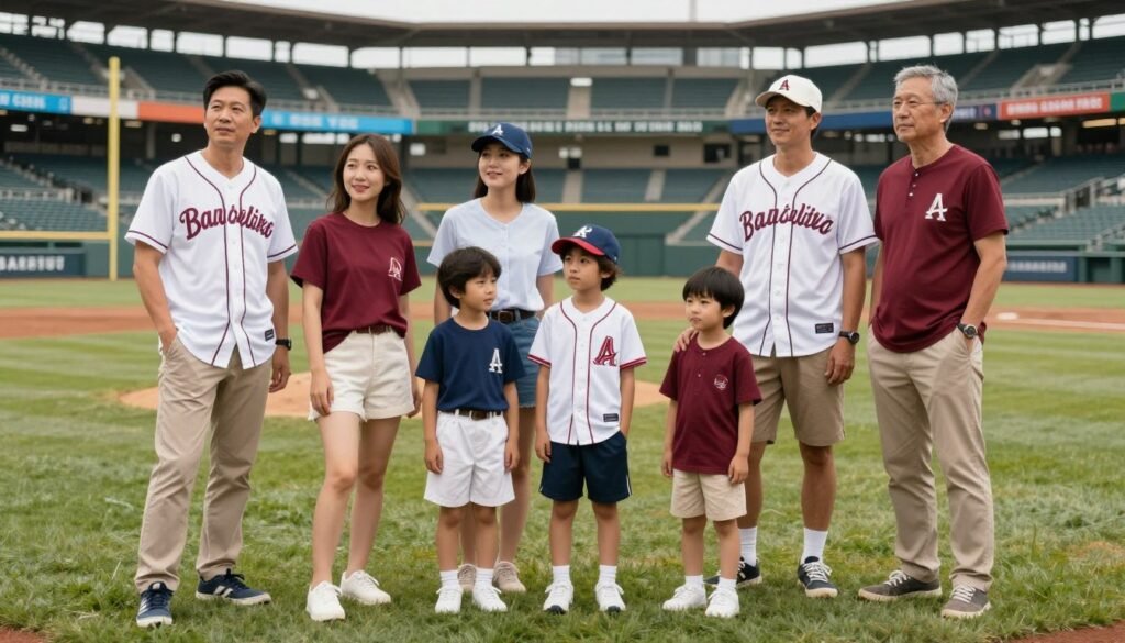 Family in coordinated team colors for a baseball game day outing