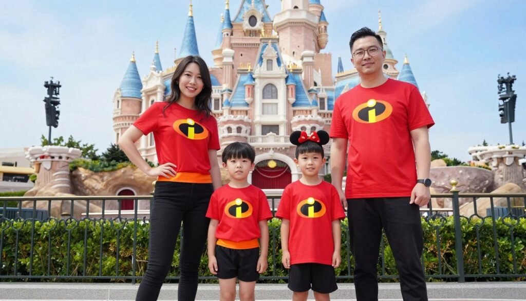 Family of four wearing coordinated Incredibles-themed outfits at Disney park