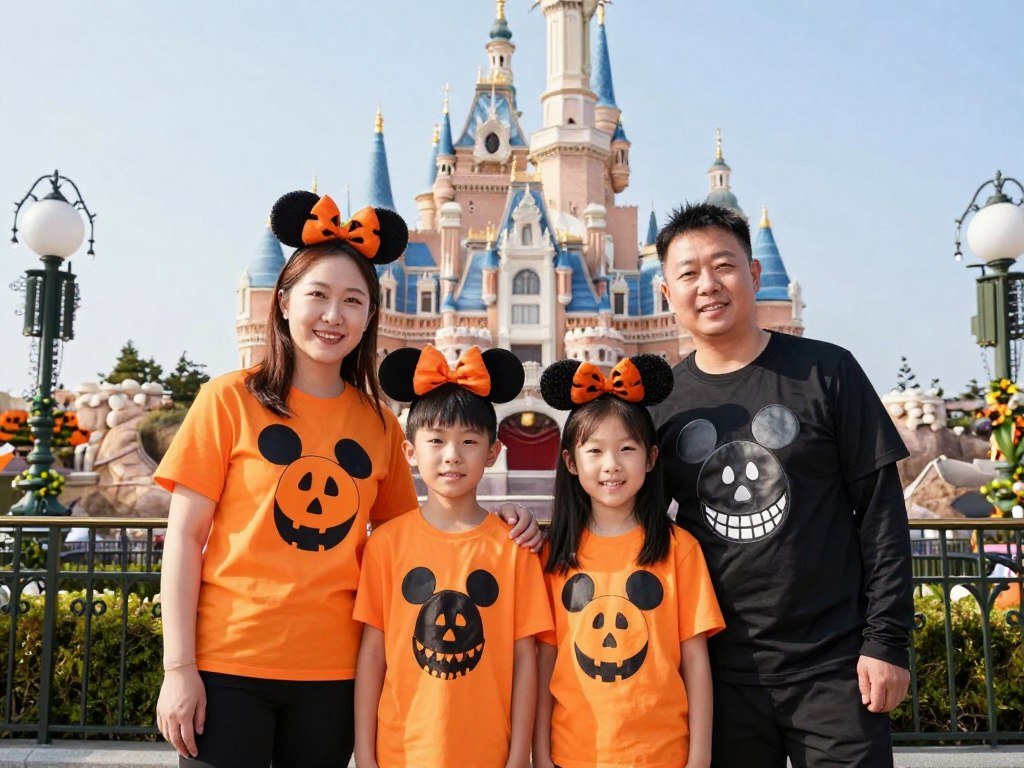 Family wearing Halloween-themed Disney outfits at Mickey's Not-So-Scary Halloween Party