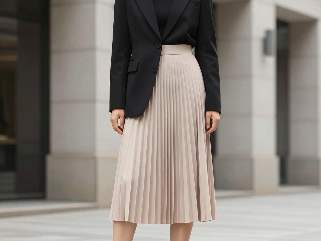 Fashion-forward woman wearing a pleated midi skirt with a sculptural blazer featuring unique silhouette
