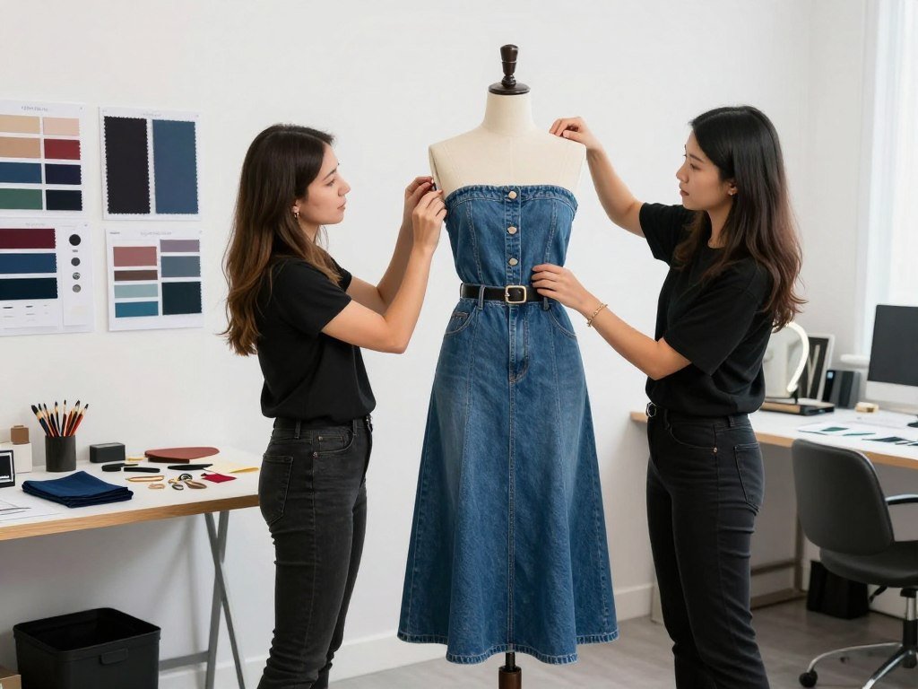 Fashion stylist arranging a long denim skirt outfit on a mannequin