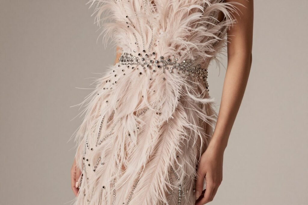 Feather-embellished evening wear for spring 2026 fashion trends