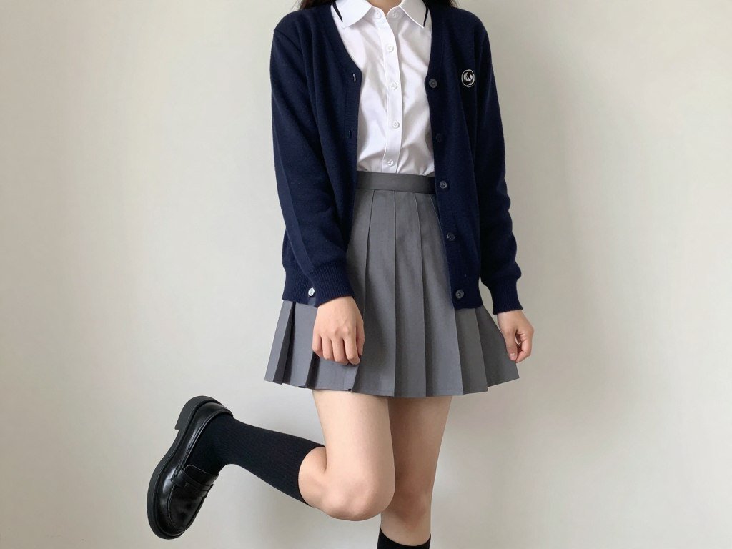 Female student wearing a preppy outfit with pleated skirt and cardigan