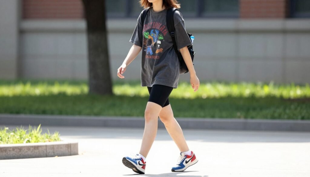 Female student wearing biker shorts with an oversized t-shirt and sneakers walking across campus for summer school outfit ideas