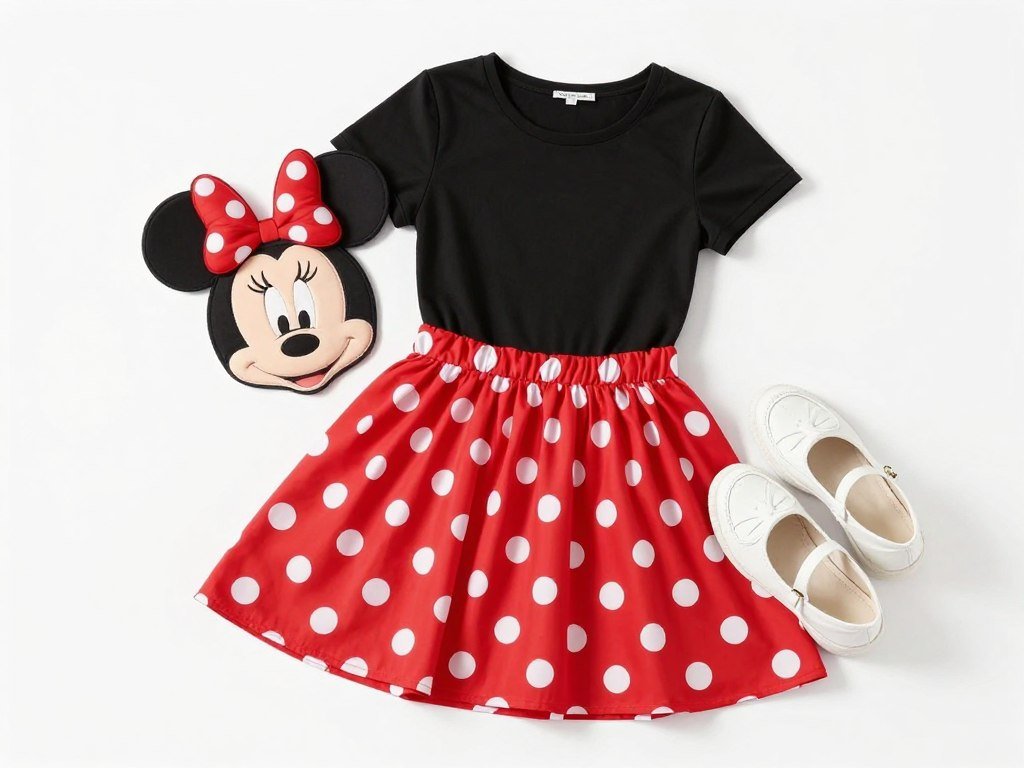 Feminine Minnie Mouse inspired outfit with polka dots and bow accessories