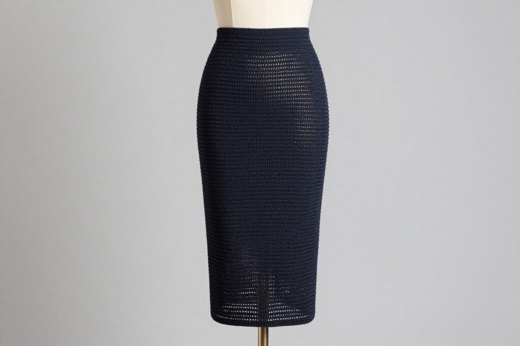 Fitted crochet pencil skirt in dark color showing sleek silhouette