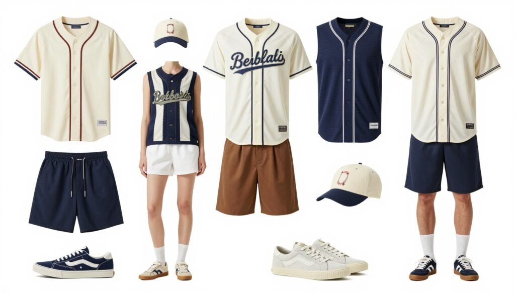 Five different summer baseball game outfit ideas displayed together