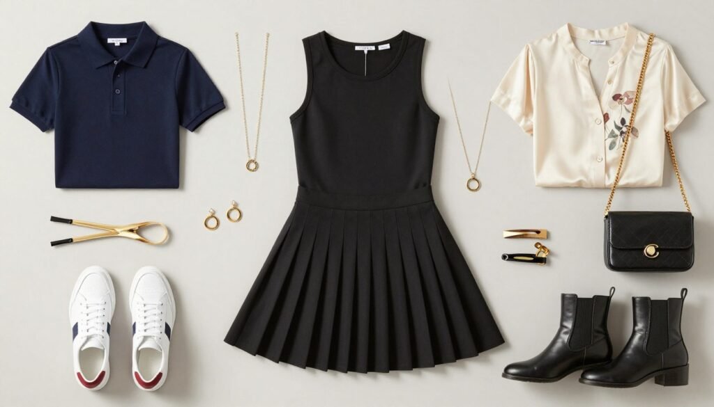Flat lay of a black tennis skirt with various styling accessories including tops, shoes, and jewelry for creating different black tennis skirt outfits
