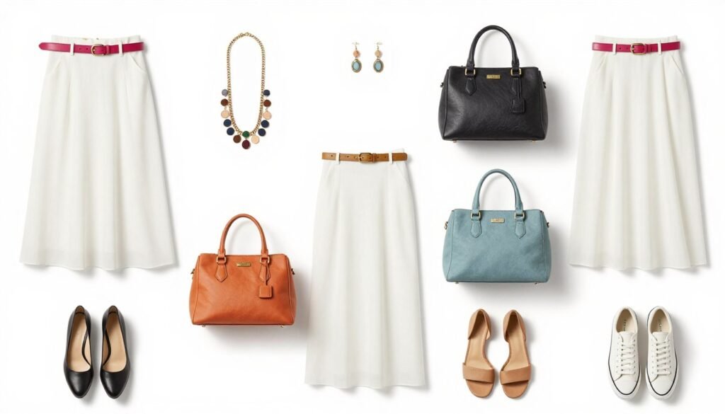 Flat lay of accessories that complement white skirts including colorful belts, statement jewelry, structured bags, and various shoe styles