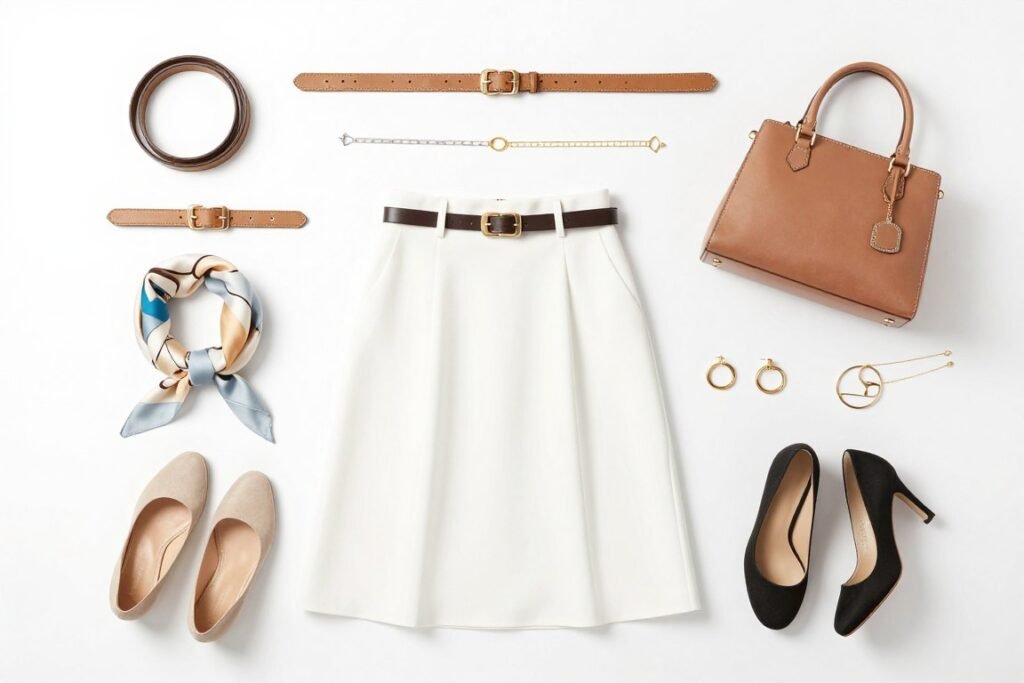 Flat lay of accessories that pair well with a white midi skirt including belts, jewelry, and bags