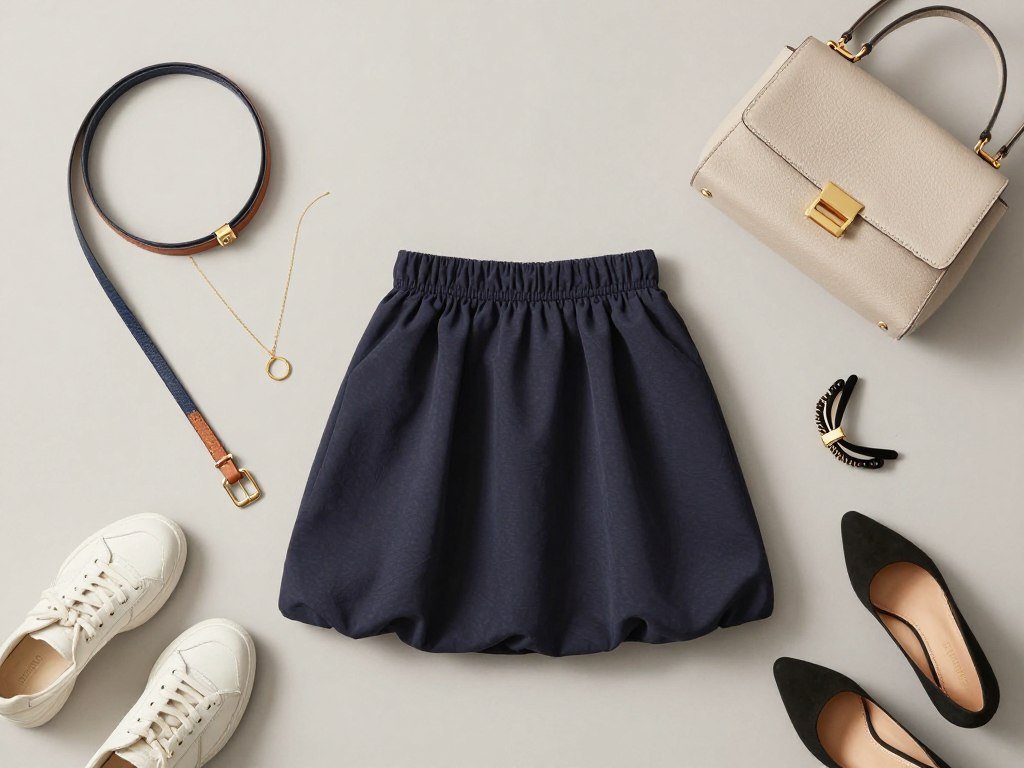 Flat lay of accessories that pair well with bubble skirt outfits including belts, jewelry, and bags