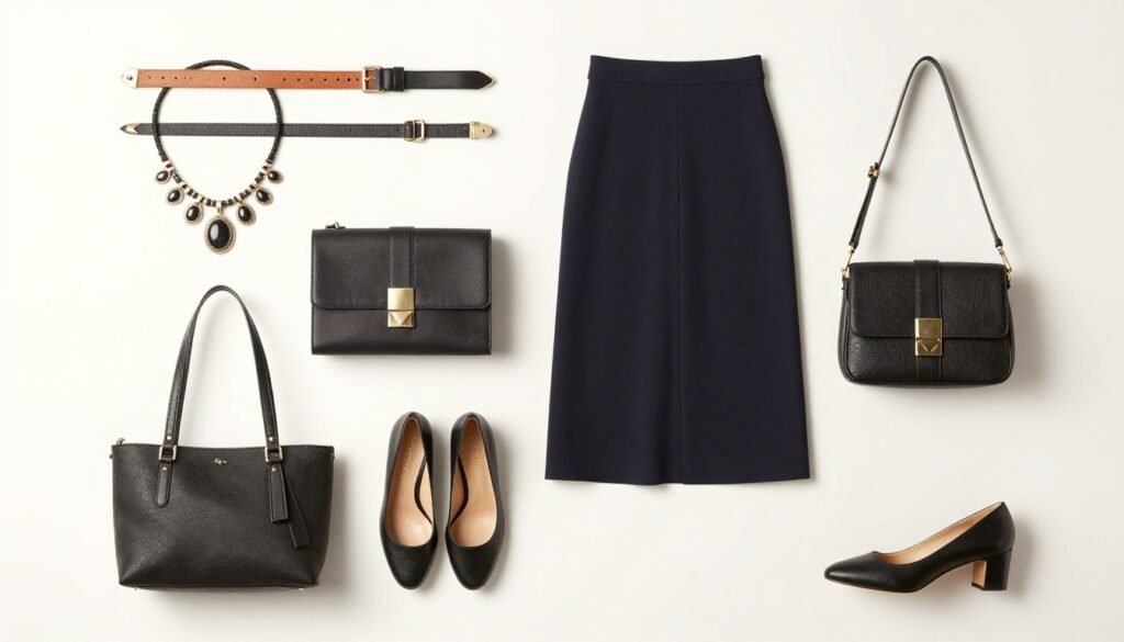 Flat lay of accessories to pair with midi skirts including belts, jewelry, and shoes