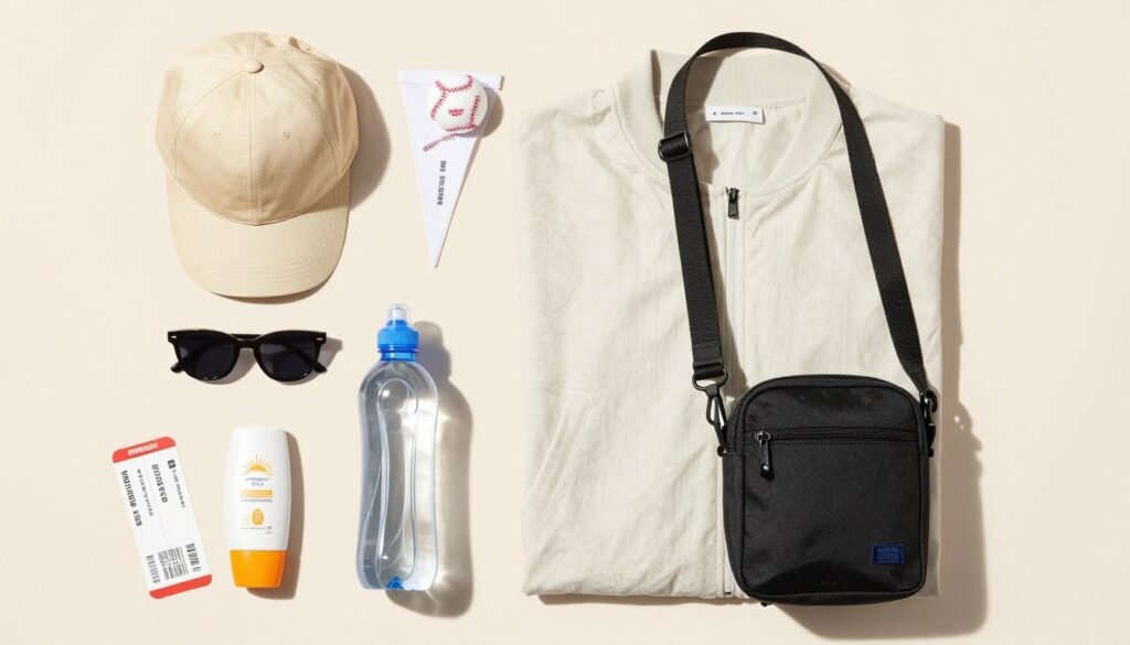 Flat lay of baseball game outfit essentials including clothing, accessories, and sun protection