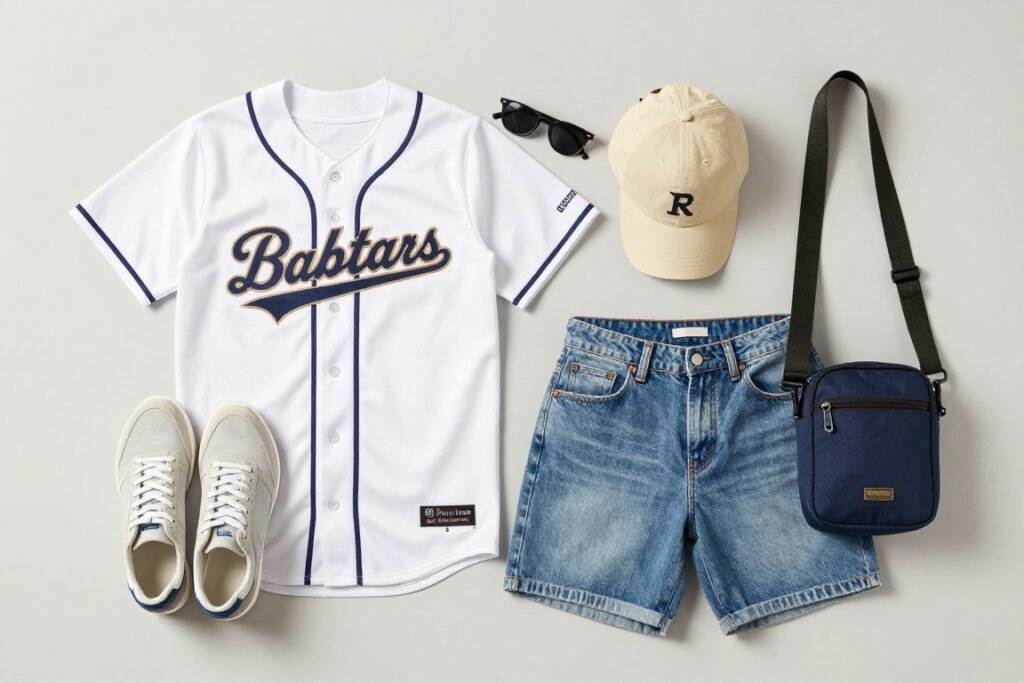Flat lay of baseball game outfit essentials including team jersey, cap, sunglasses, and comfortable shoes