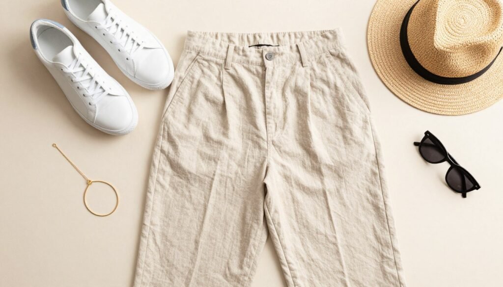 Flat lay of casual beige linen pants outfit accessories