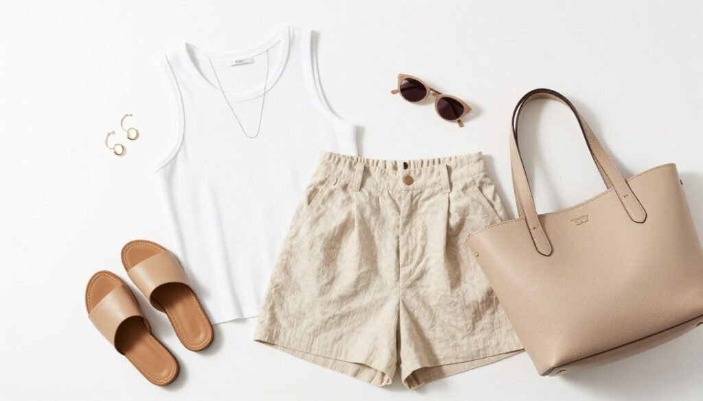 Flat lay of clean girl minimalist summer wardrobe with neutral pieces and gold accessories, representing cute summer outfits aesthetic