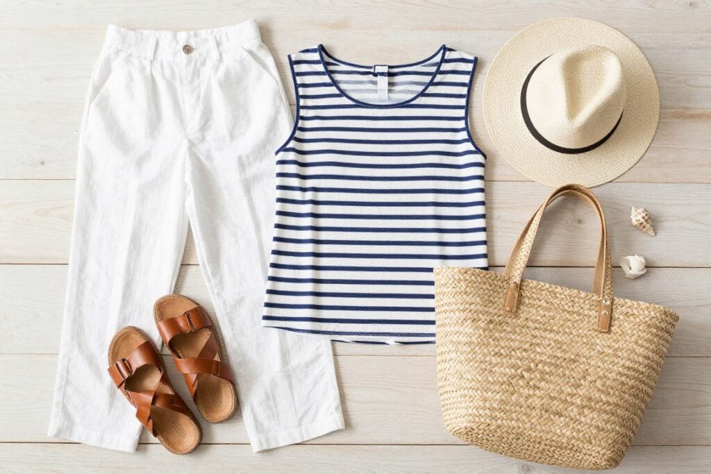 Flat lay of coastal grandmother outfit with linen pants, striped top, straw hat and woven bag, representing cute summer outfits aesthetic