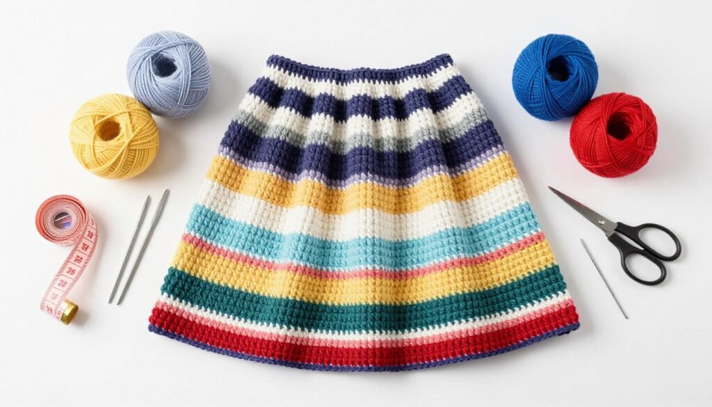Flat lay of crochet supplies including various yarn types, hooks, and notions for making a skirt