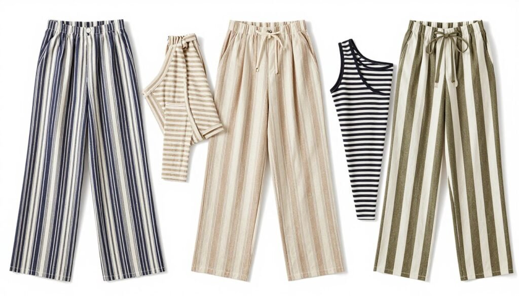 Flat lay of different styles of striped linen pants in various colors and stripe patterns