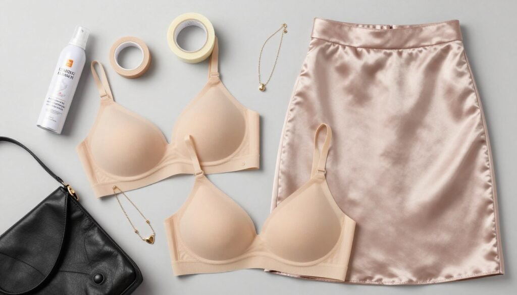 Flat lay of styling essentials for satin skirts including fabric tape, appropriate undergarments, and jewelry arranged aesthetically