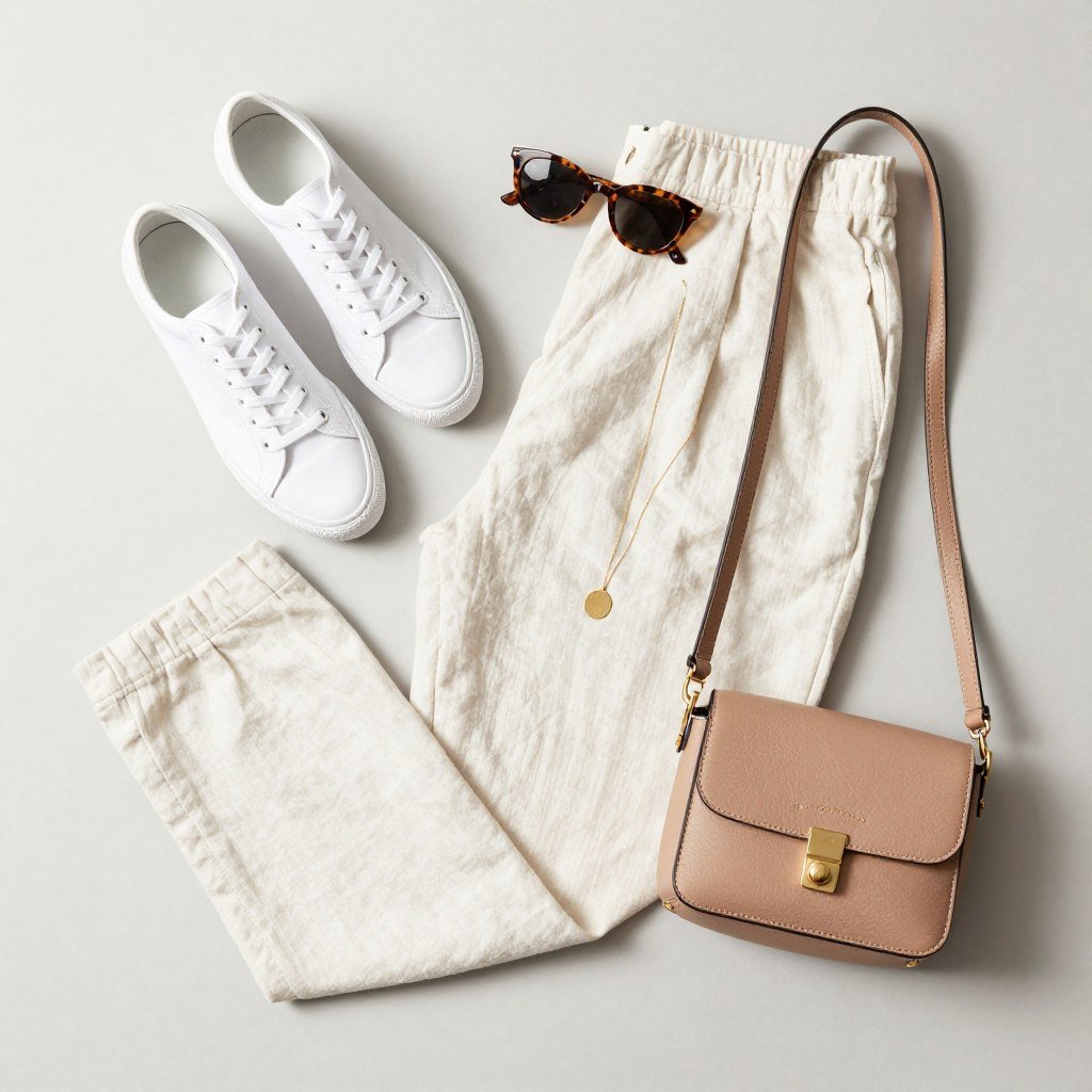 Flat lay of weekend accessories including sneakers and sunglasses for casual linen pants outfit