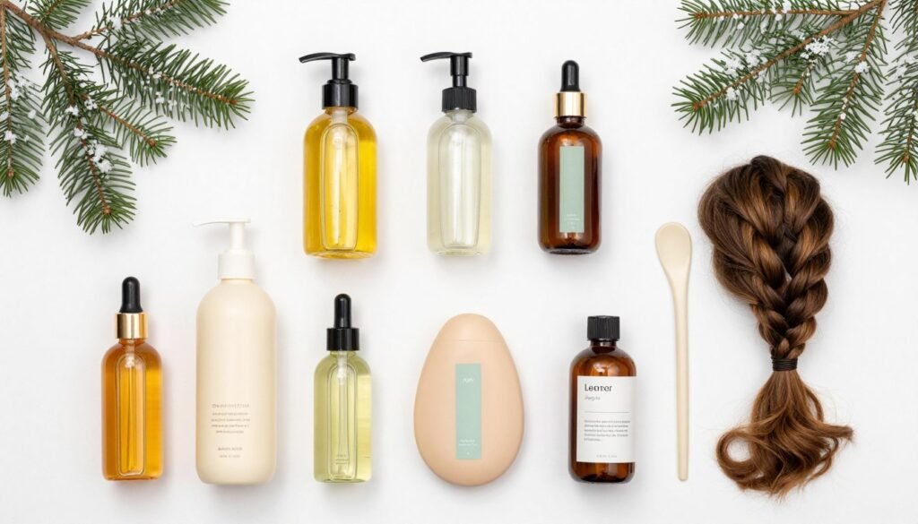 Flat lay of winter hair care products for braided styles including oils and moisturizers