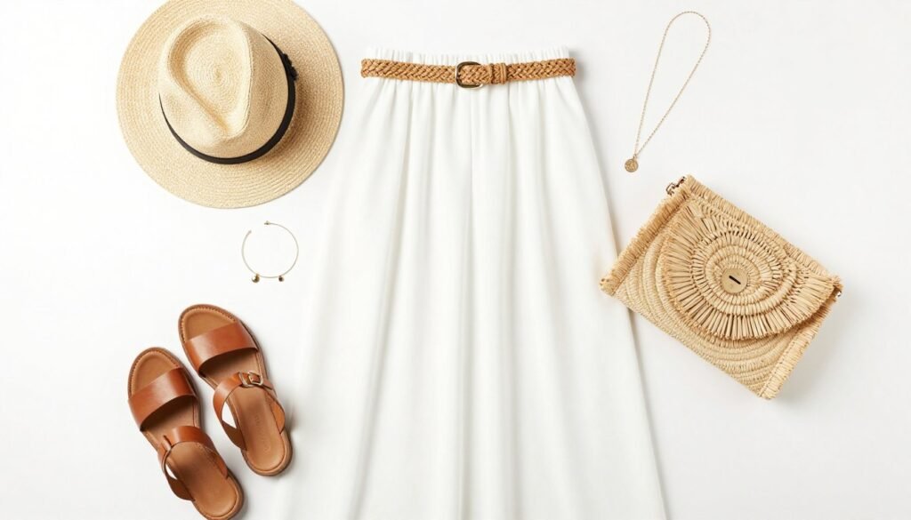 Flatlay of accessories for styling a white maxi skirt including straw hat, woven belt, gold jewelry, and leather sandals