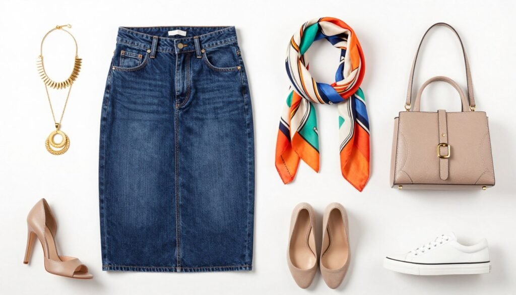 Flatlay of accessories paired with jean skirt including statement jewelry and shoes