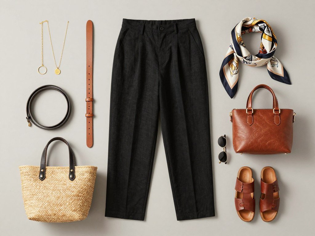 Flatlay of accessories that complement black linen pants outfits including jewelry, belts, scarves, and bags