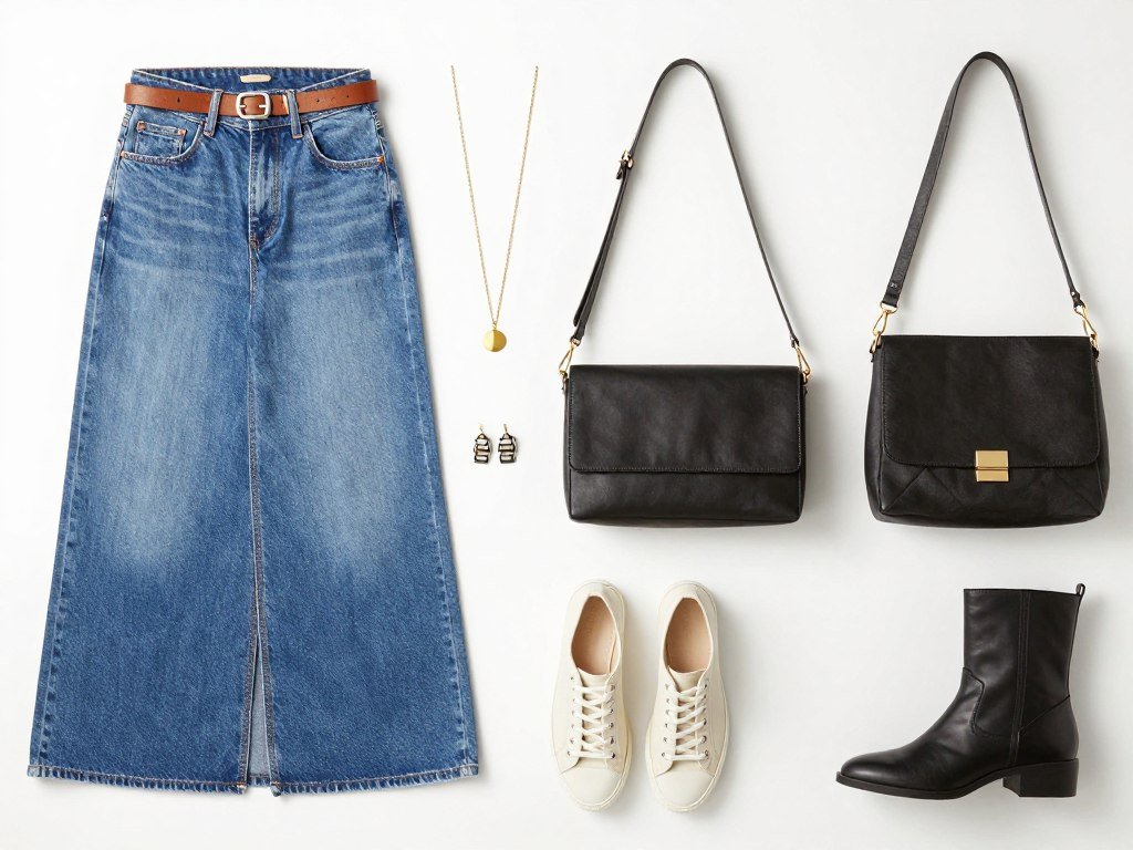 Flatlay of accessories that pair well with long denim skirts - belts, jewelry, bags, and shoes