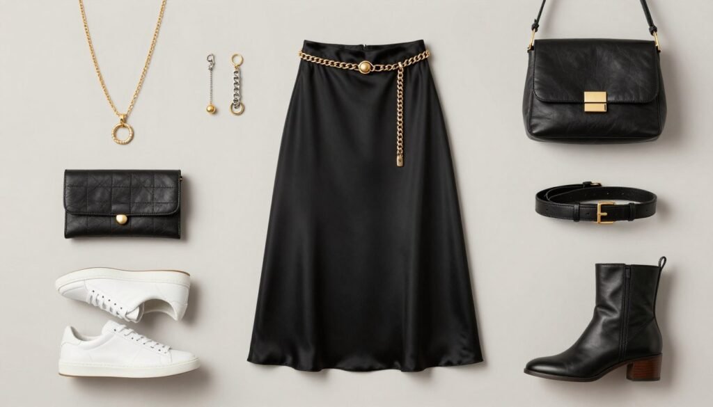 Flatlay of accessories to pair with a black satin skirt including jewelry, belts, shoes and bags