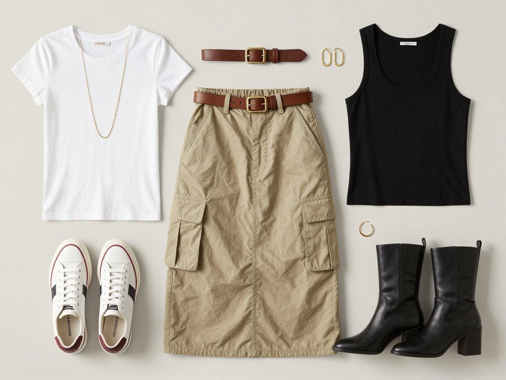 Flatlay of cargo skirt styling essentials including belt, jewelry, and footwear options