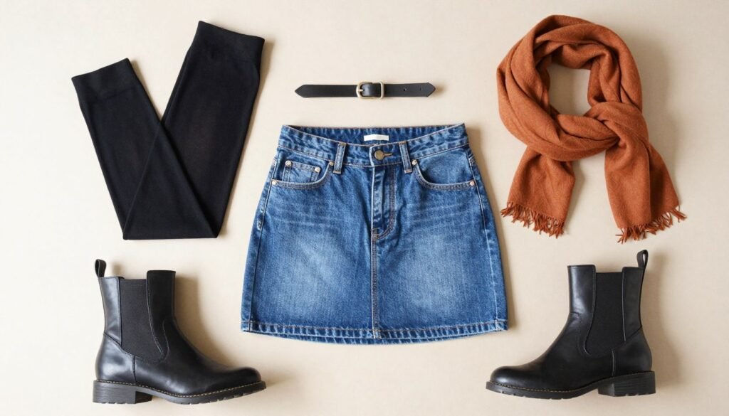 Flatlay of fall jean skirt styling essentials including tights, boots, and accessories