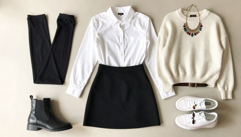 Flatlay of mini skirt styling essentials including skirt, tops, accessories and footwear options