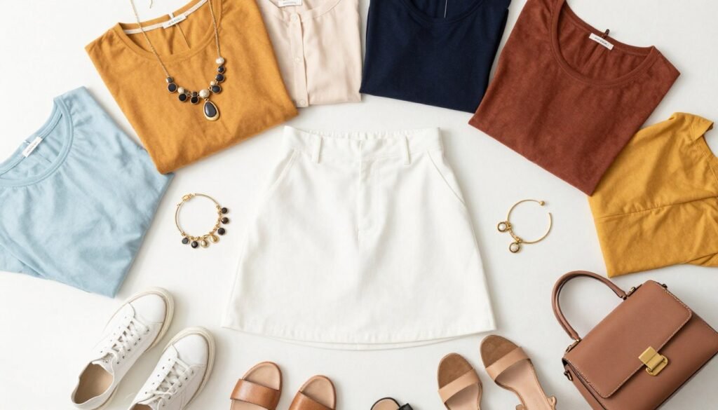 Flatlay of styling essentials for a short white skirt including accessories, tops, and footwear options