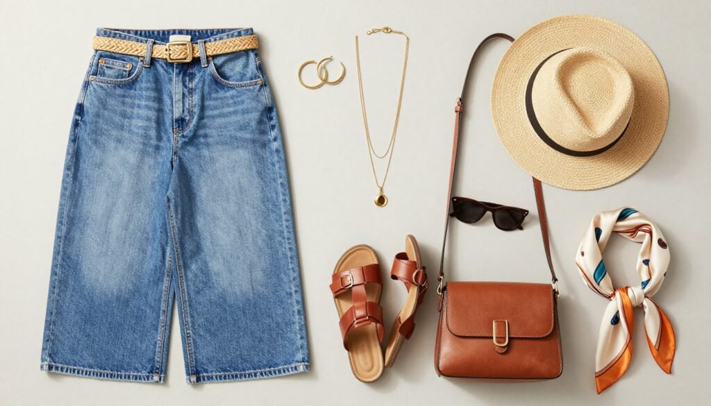 Flatlay of summer accessories for styling long jean skirts including belts, jewelry, bags and shoes