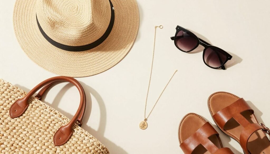 Flatlay of summer accessories including straw hat, sunglasses, and sandals for casual summer outfits
