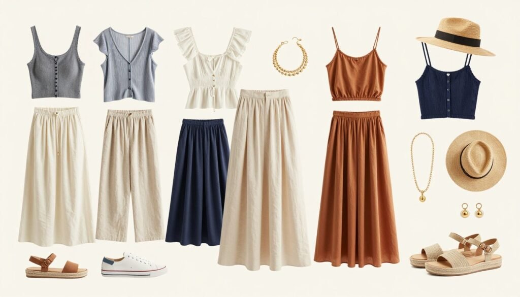 Flatlay of summer long skirt styling essentials including tops, accessories, and footwear options