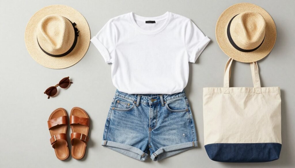Flatlay of summer wardrobe essentials including white tee, denim shorts, and sandals, summer outfits aesthetic
