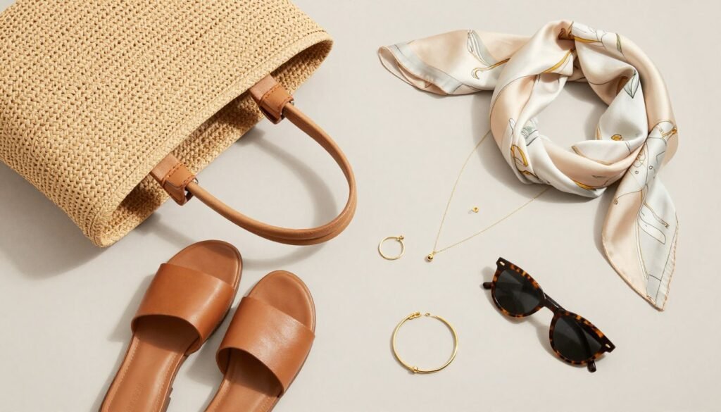 Flatlay of summer work accessories including a straw tote, leather sandals, gold jewelry, and sunglasses
