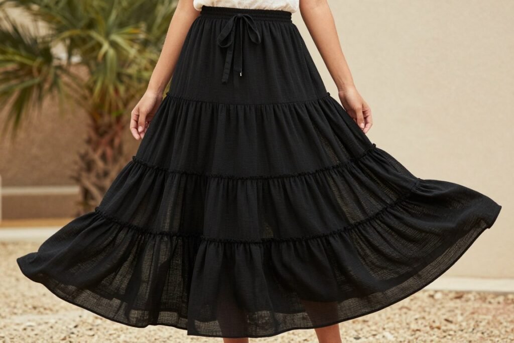 Flowy tiered long black skirt outfit with bohemian styling