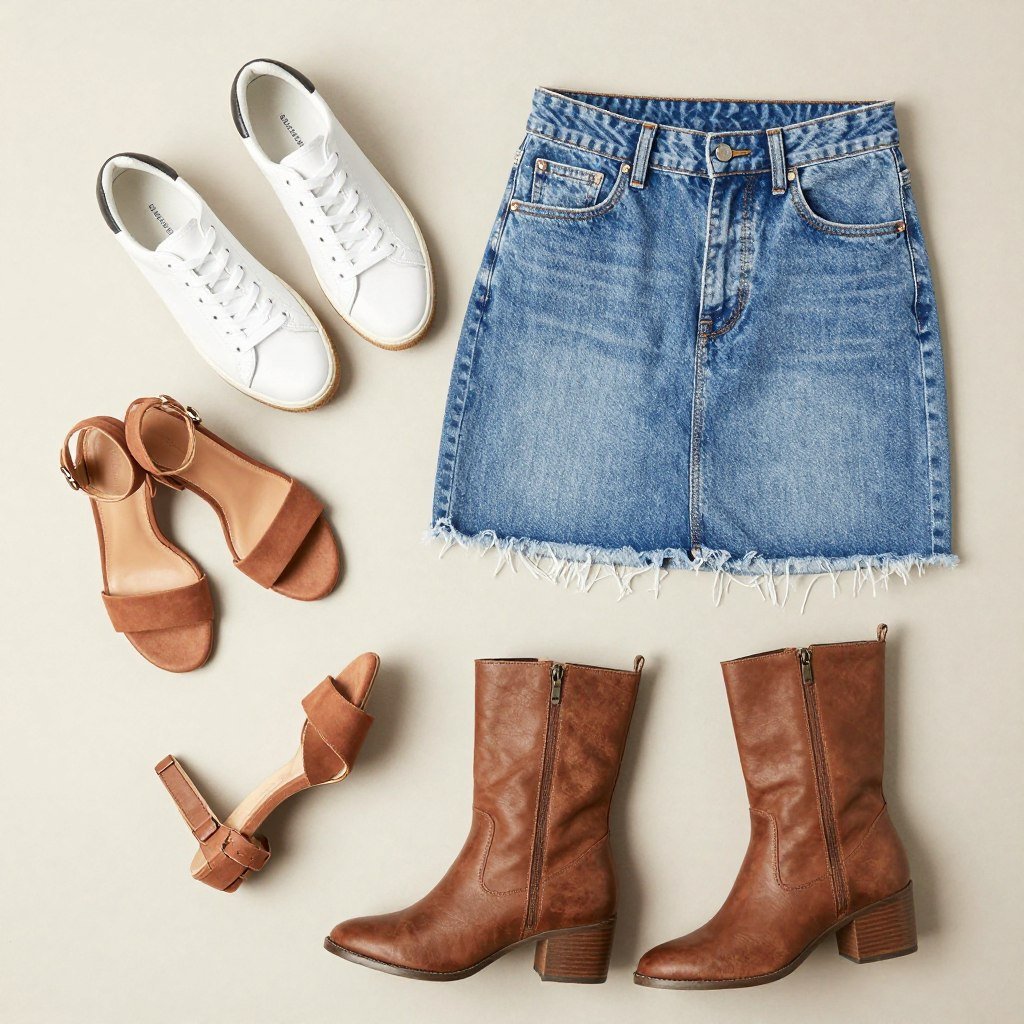 Footwear options for denim skirt styling