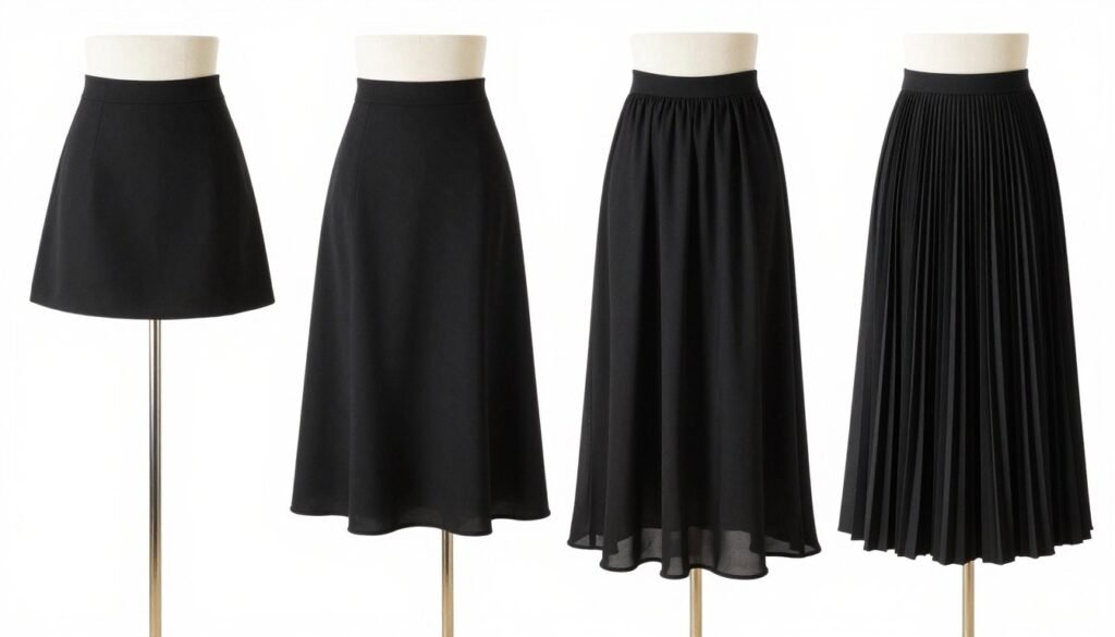 Four different black skirt styles for summer: mini, midi, maxi, and pleated displayed on mannequins