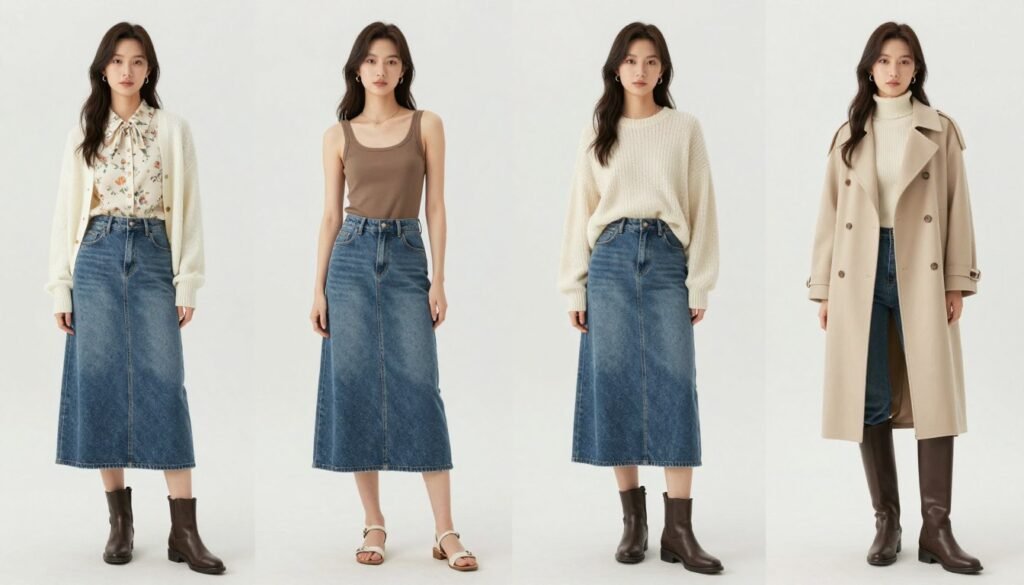 Four-panel image showing the same long jean skirt styled for different seasons with appropriate layers and accessories